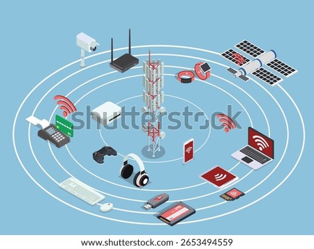 Isometric Wireless Network Communication Concept with Connected Devices Around Signal Tower 3d vector illustration