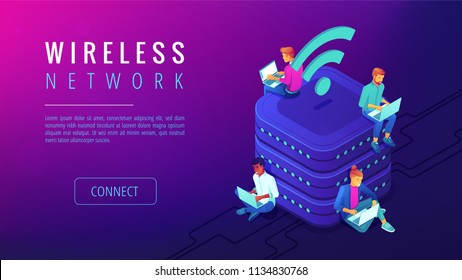 Isometric wireless network landing page. People with laptops working in the same wireless network. Wifi connecting and net configuration concept on ultraviolet background. Vector 3d illustration.