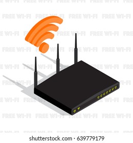 Isometric wireless router device with three antennas, wifi icon. Internet network, wifi router communication, vector illustration. Free wifi pattern background.