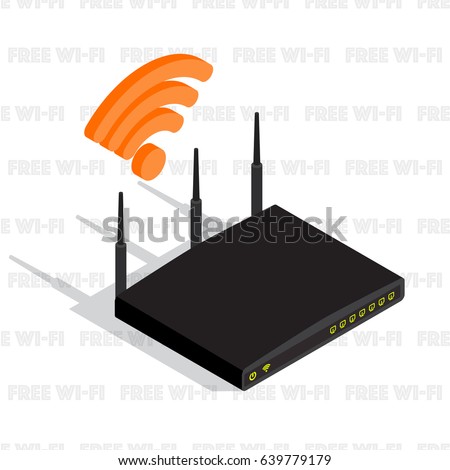 Isometric wireless router device with three antennas, wifi icon. Internet network, wifi router communication, vector illustration. Free wifi pattern background.