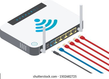 Isometric wireless router with two antennas, power button and data connectors isolated on white background. Wi-fi icon, high-speed internet connection.