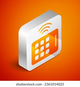 Isometric Wireless tablet icon isolated on orange background. Internet of things concept with wireless connection. Silver square button. Vector
