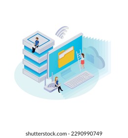 Isometric wireless technology wifi network communication concept with tiny human characters 3d vector illustration