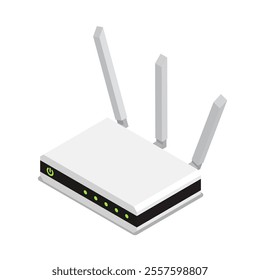 Isometric wireless WiFi router device. Transmission of communication signal in apartment and office network. 3D vectors isolated on white background top view at an angle
