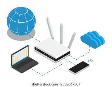 Isometric wireless WiFi router device. Global network of devices connected to communications hub. 3D vector isolated on white background top view at an angle