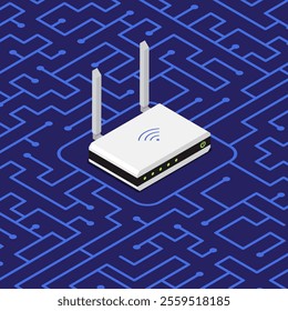 Isometric wireless WiFi router device in center of motherboard with labyrinth of contact tracks. Transmission of signal in network. 3D vector isolated on blue background top view at an angle