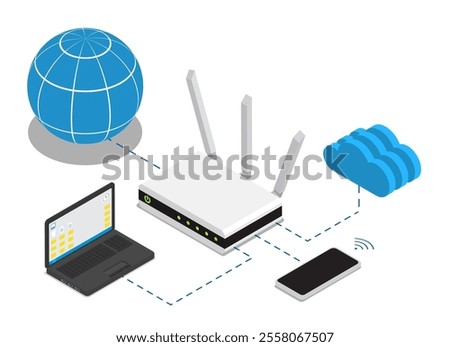 Isometric wireless WiFi router device. Global network of devices connected to communications hub. 3D vector isolated on white background top view at an angle