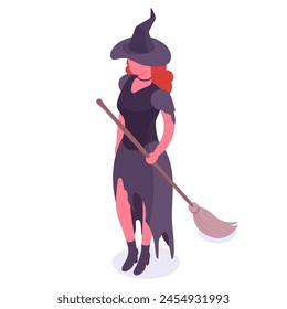 Isometric witch with broomstick. Female magician character, cute redhead witch standing with broom 3d vector illustration. Witch on white background