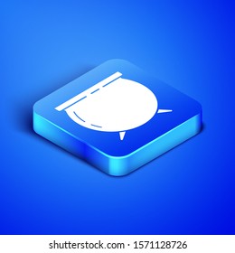 Isometric Witch cauldron icon isolated on blue background. Happy Saint Patricks day. Blue square button. Vector Illustration