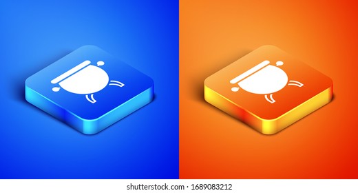 Isometric Witch cauldron icon isolated on blue and orange background. Happy Halloween party. Square button. Vector Illustration