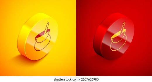 Isometric Witch cauldron icon isolated on orange and red background. Happy Halloween party. Circle button. Vector