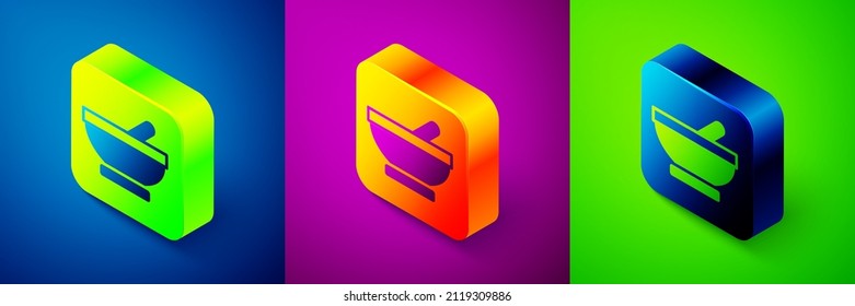 Isometric Witch cauldron icon isolated on blue, purple and green background. Happy Halloween party. Square button. Vector