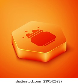 Isometric Witch cauldron icon isolated on orange background. Happy Halloween party. Orange hexagon button. Vector