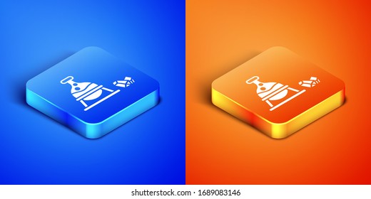 Isometric Witch cauldron and magic stone icon isolated on blue and orange background. Square button. Vector Illustration