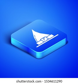 Isometric Witch hat icon isolated on blue background. Happy Halloween party. Blue square button. Vector Illustration