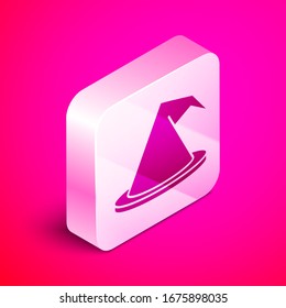 Isometric Witch hat icon isolated on pink background. Happy Halloween party. Silver square button. Vector Illustration