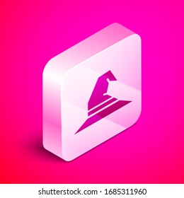 Isometric Witch hat icon isolated on pink background. Happy Halloween party. Silver square button. Vector Illustration
