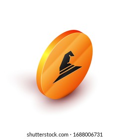 Isometric Witch hat icon isolated on white background. Happy Halloween party. Orange circle button. Vector Illustration