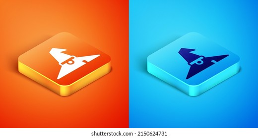 Isometric Witch hat icono aislado en el fondo naranja y azul. Feliz fiesta de Halloween. Vector
