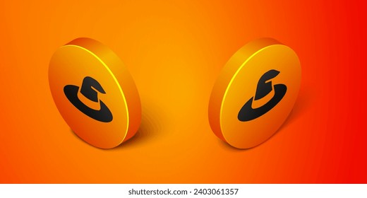 Isometric Witch hat icon isolated on orange background. Happy Halloween party. Orange circle button. Vector