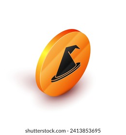 Isometric Witch hat icon isolated on white background. Happy Halloween party. Orange circle button. Vector Illustration