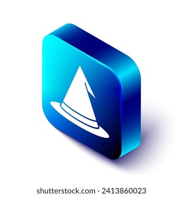 Isometric Witch hat icon isolated on white background. Happy Halloween party. Blue square button. Vector