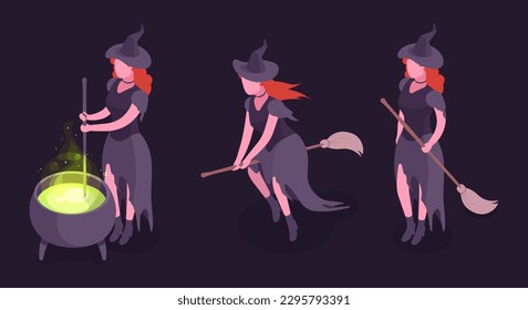 Isometric witch. Witchcraft magician character, redhead witch flies on broomstick and brews potion in cauldron 3d vector illustration set