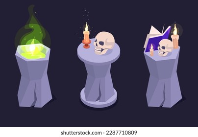 Isometric witchcraft elements. Magic podiums with skull, spellbook and magical green flame 3d vector symbols illustration set. Halloween magic collection
