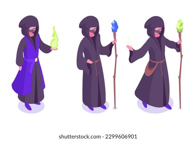 Isometric witchcraft magicians. Wizard characters, practitioners of black magic. Magicians with magic staff 3d vector illustration set