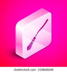 Isometric Witches broom icon isolated on pink background. Happy Halloween party. Silver square button. Vector Illustration