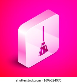 Isometric Witches broom icon isolated on pink background. Happy Halloween party. Silver square button. Vector Illustration
