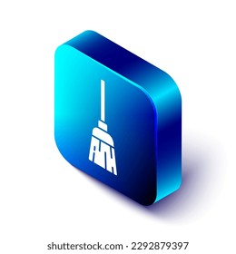 Icono de escoba de brujas isométricas aislado en fondo blanco. Feliz fiesta de Halloween. Botón cuadrado azul. Vector