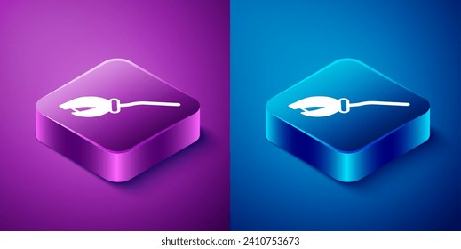 Isometric Witches broom icon isolated on blue and purple background. Happy Halloween party. Square button. Vector