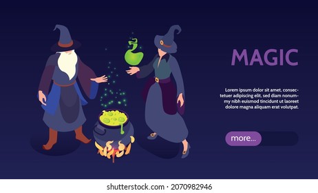 Isometric wizard magic horizontal banner with couple of wizards cooking potion editable text and slider button vector illustration