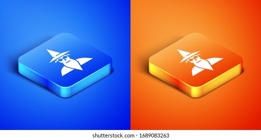 Isometric Wizard warlock icon isolated on blue and orange background. Square button. Vector Illustration