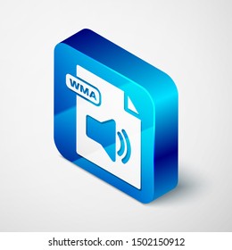 Isometric WMA file document. Download wma button icon isolated on white background. WMA file symbol. Wma music format sign. Blue square button. Vector Illustration