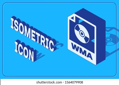 Isometric WMA file document. Download wma button icon isolated on blue background. WMA file symbol. Wma music format sign.  Vector Illustration