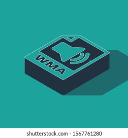 Isometric WMA file document. Download wma button icon isolated on green background. WMA file symbol. Wma music format sign.  Vector Illustration