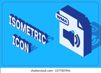 Isometric WMA file document. Download wma button icon isolated on blue background. WMA file symbol. Wma music format sign.  Vector Illustration