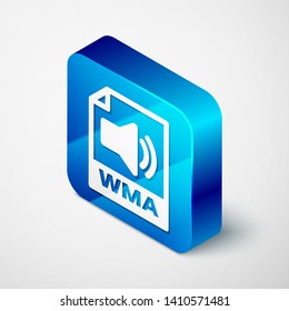 Isometric WMA file document icon. Download wma button icon isolated on white background. WMA file symbol. Wma music format sign. Blue square button. Vector Illustration