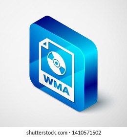 Isometric WMA file document icon. Download wma button icon isolated on white background. WMA file symbol. Wma music format sign. Blue square button. Vector Illustration