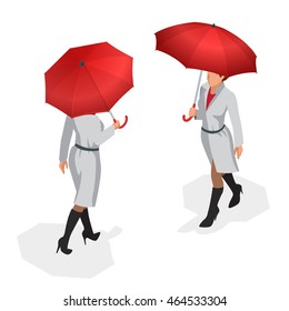 Isometric woman in autumn clothes with a red umbrella. Season autumn. Vector illustration. 