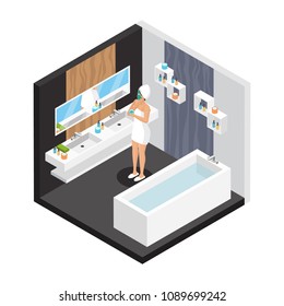 Isometric woman in bathroom concept with girl applying facial mask after bath taking vector illustration