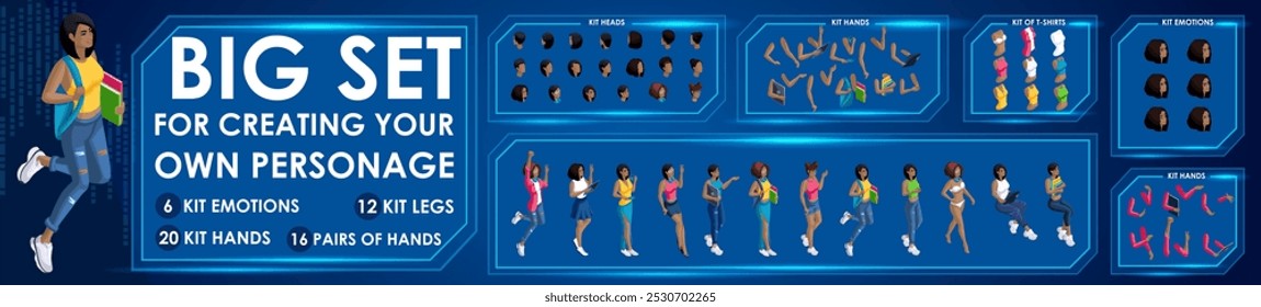 Isometric Woman Black characters constructor for designed N2. Presentation in various action. Set of Students personages flat style illustration
