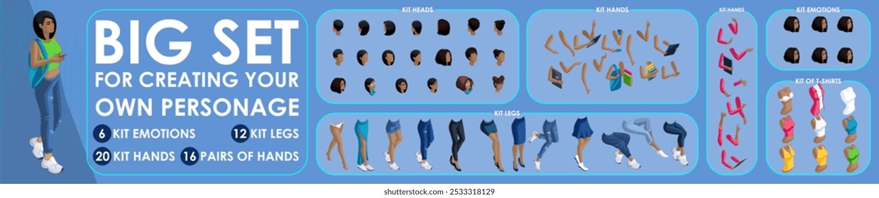 Isometric Woman Black characters constructor for designed. Set various action N2. Set of Students personages flat style illustration.