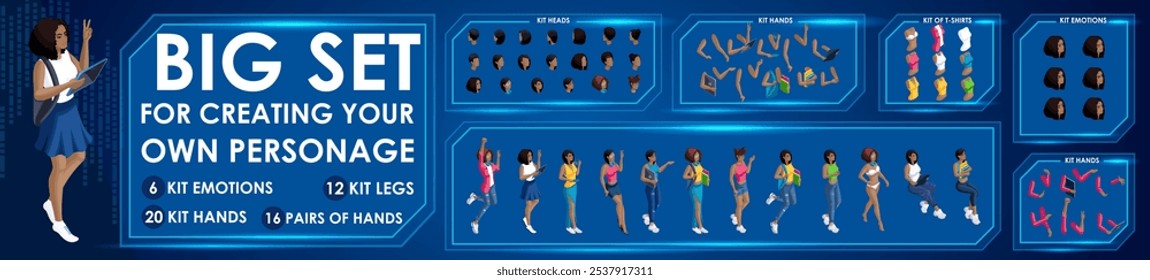 Construtor de personagens preto mulher isométrica para N6 projetado. Apresentação em várias ações. Conjunto de Alunos personagens ilustração de estilo plano