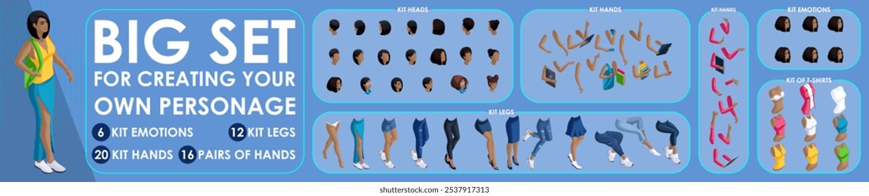 Isometric Woman Black characters constructor for designed. Set various action N1. Set of Students personages flat style illustration