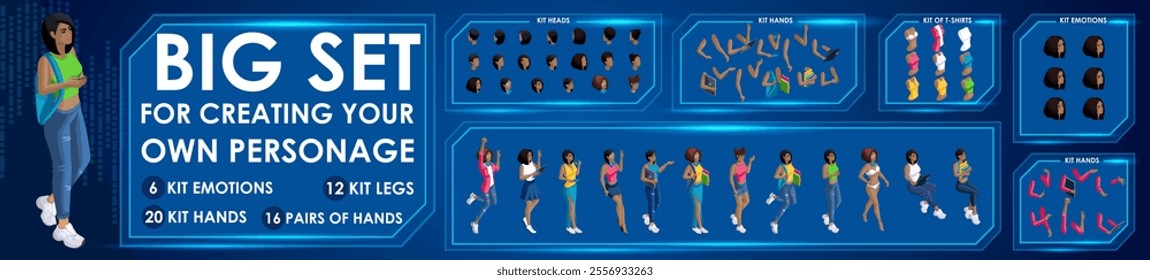 Isometric Woman Black characters constructor for designed N3. Presentation in various action. Set of Students personages flat style illustration.