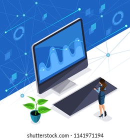 Isometric woman, business lady manages a virtual screen, a plasma panel, an intelligent woman enjoys high tech technology.