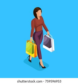 An isometric woman carries pencils with gifts. People go for a holiday sale for gifts for relatives. Vector illustration